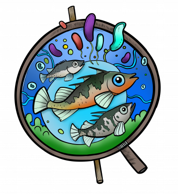 Cartoon of three stickleback fish with microbes around them surrounded by an Inupiaq drum